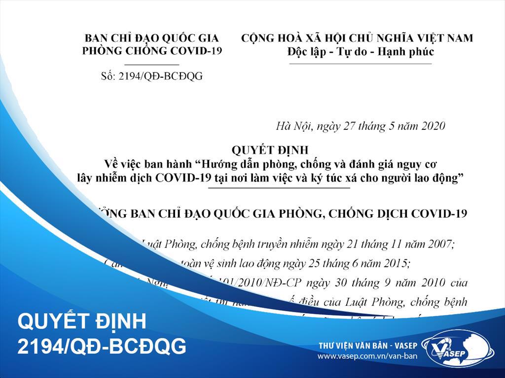 QĐ 2194/QĐ-BCĐQG: Hướng dẫn phòng, chống và đánh giá nguy cơ lây nhiễm dịch COVID-19 tại nơi làm việc và ký túc xá cho NLĐ
