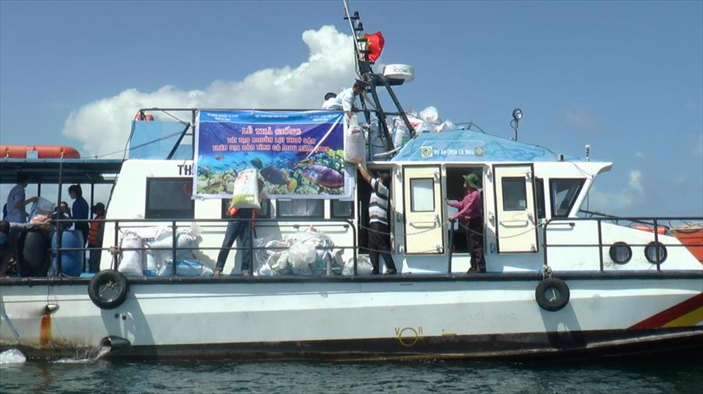 Cà Mau Thả 6 triệu con giống tái tạo thủy sản xuống vùng rạn nhân tạo