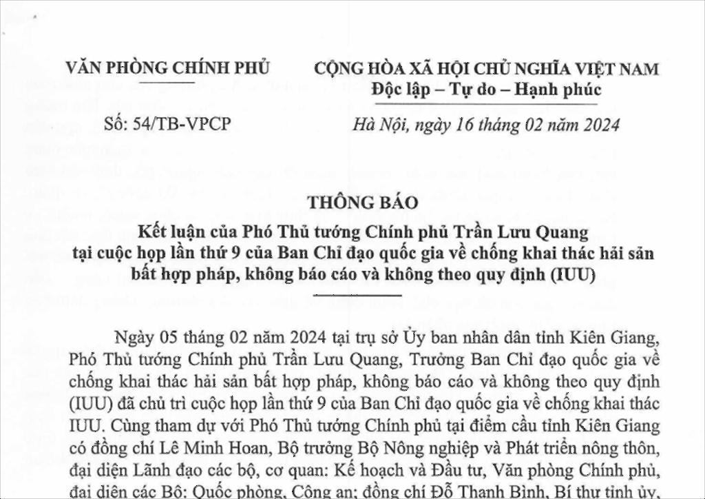 Thông báo 54TB-VPCP Kết luận của Phó Thủ tướng Chính phủ Trần Lưu Quang tại cuộc họp lần thứ 9 của Ban Chỉ đạo quốc gia về chống khai thác hải sản IUU