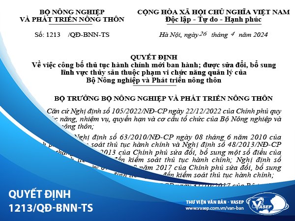 Quyết định 1213QĐ-BNN-TS về việc công bố thủ tục hành chính mới ban hành được sửa đổi, bổ sung lĩnh vực thủy sản thuộc phạm vi chức năng quản lý của Bộ NNPTNT