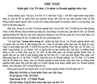 VASEP kêu gọi ủng hộ người dân và Doanh nghiệp thủy sản bị ảnh hưởng bởi cơn bão số 3