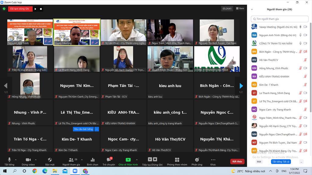 Khóa tập huấn trực tuyến: "An toàn thực phẩm và biện pháp kiểm soát vi sinh trong nhà máy CBTS, thực phẩm", tổ chức ngày 17/05/2022