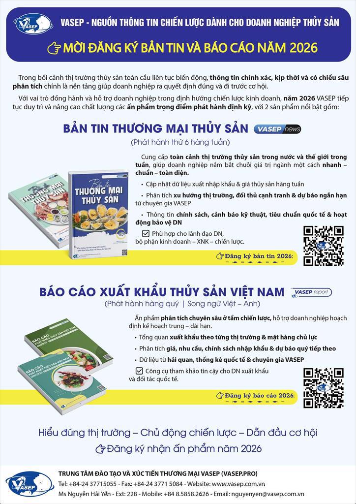 VASEP mở đăng ký Bản tin Thương mại Thủy sản và Báo cáo Xuất khẩu Thủy sản Việt Nam 2026