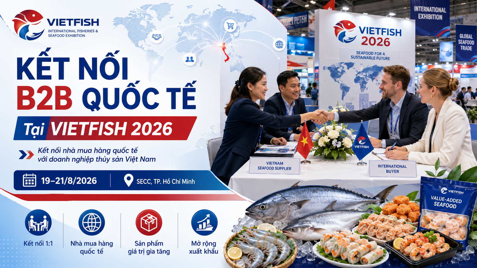 (vasep.com.vn) Trong khuôn khổ Hội chợ Vietfish 2026, Chương trình Kết nối cung-cầu thủy sản quốc tế (Hosted Buyer Program) được thiết kế như một hoạt động kết nối B2B chuyên sâu, dành cho các nhà mua hàng quốc tế đã được tuyển chọn, nhằm tạo cơ hội gặp gỡ trực tiếp với doanh nghiệp thủy sản Việt Nam, cập nhật thông tin thị trường và trải nghiệm thực tế chuỗi cung ứng thủy sản tại Việt Nam.