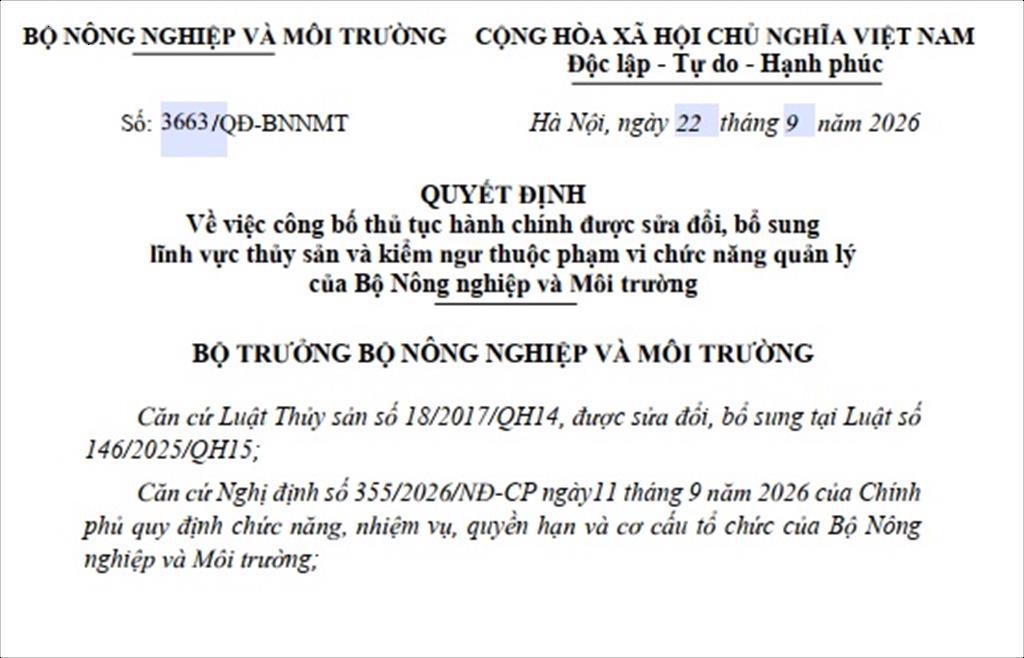 Sửa đổi, bổ sung 3 thủ tục hành chính về thủy sản, kiểm ngư