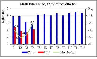 Nhập khẩu mực, bạch tuộc của Mỹ giảm liên tục